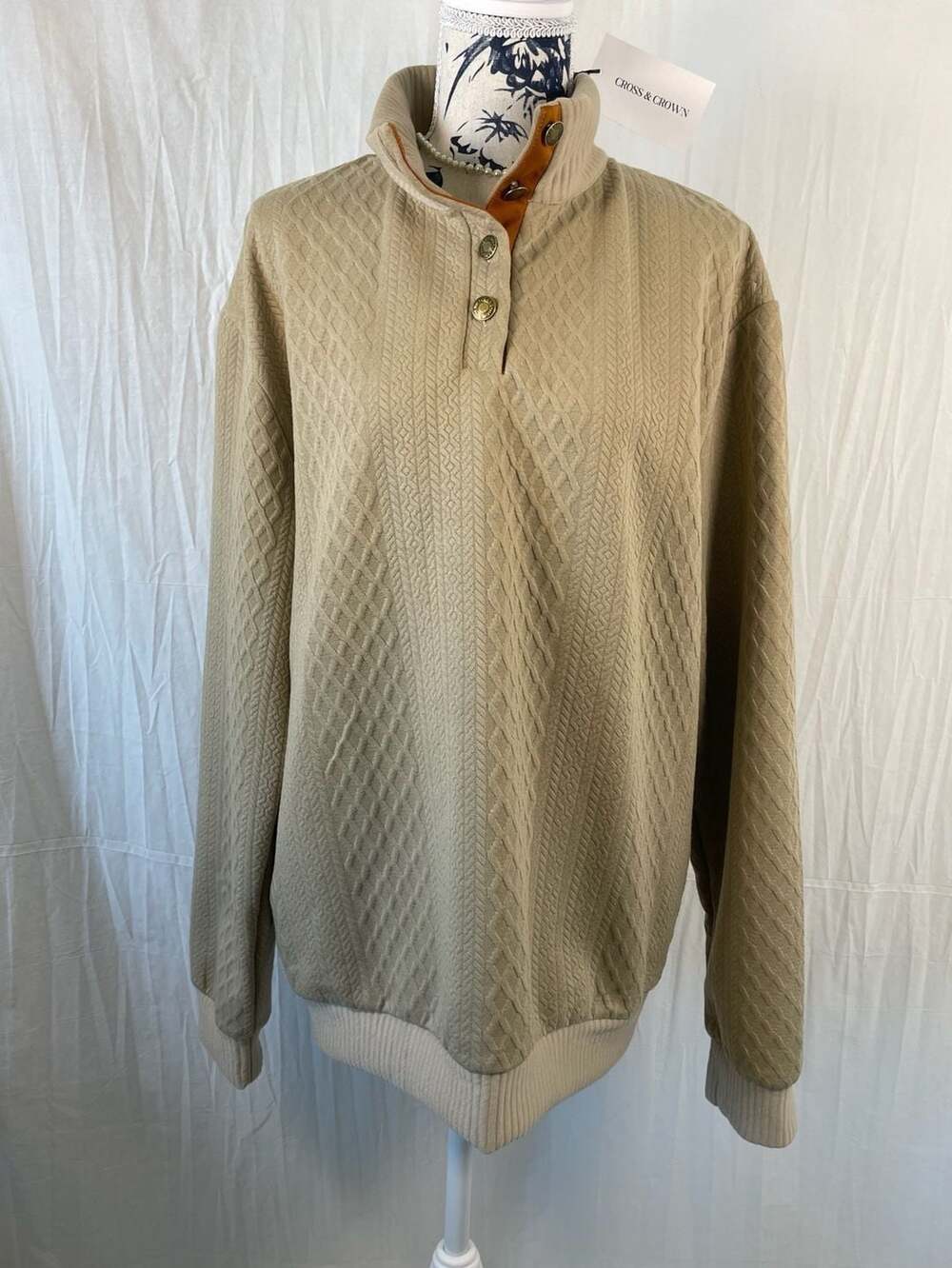 Men’s Cross & Crown Khaki Quilted Button Mock Neck Sweater  w/Elbow Patches Sz L
